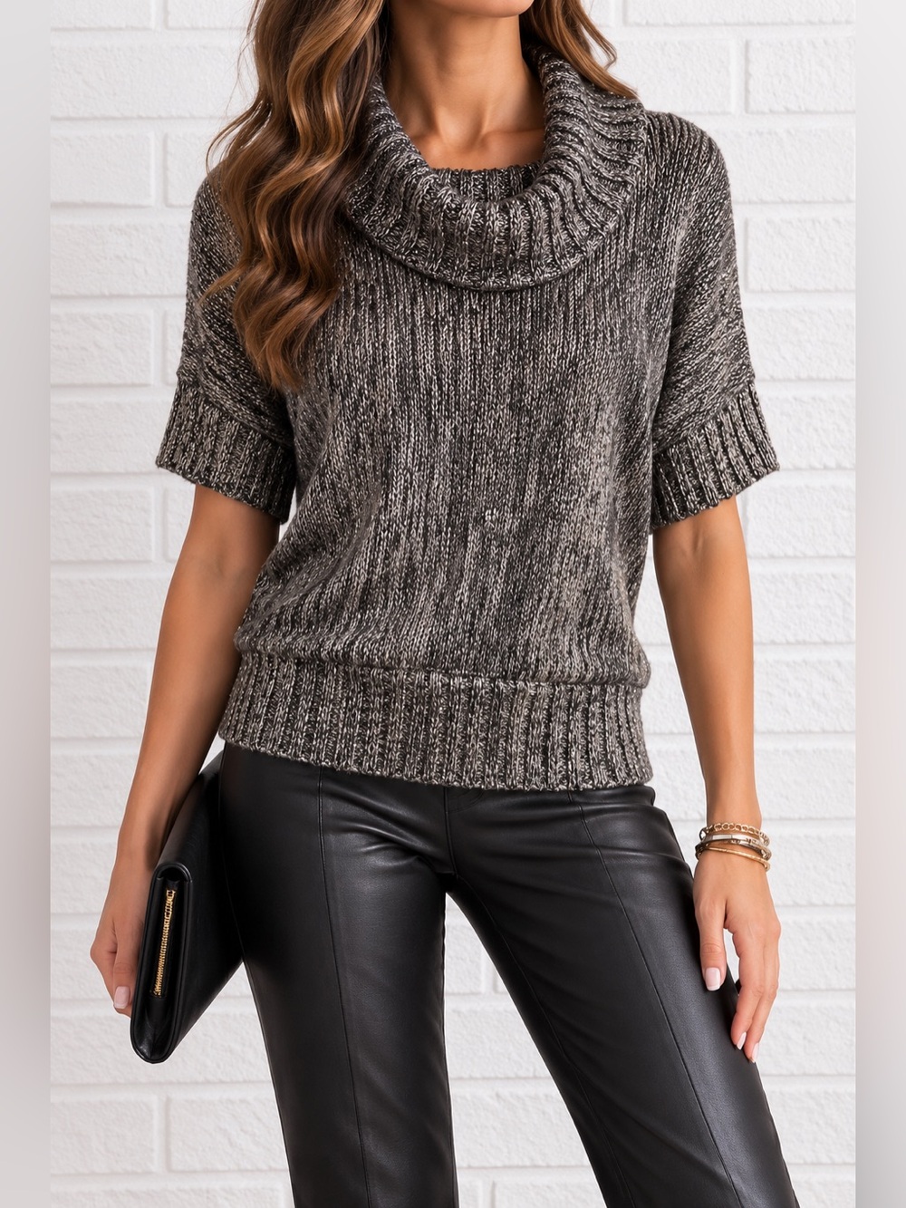 Y2K INC Metallic Cotton Blend Cowl Neck Short Sleeve Sweater Small